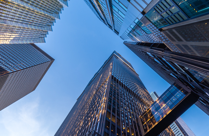 A view upwards through skyscrapers